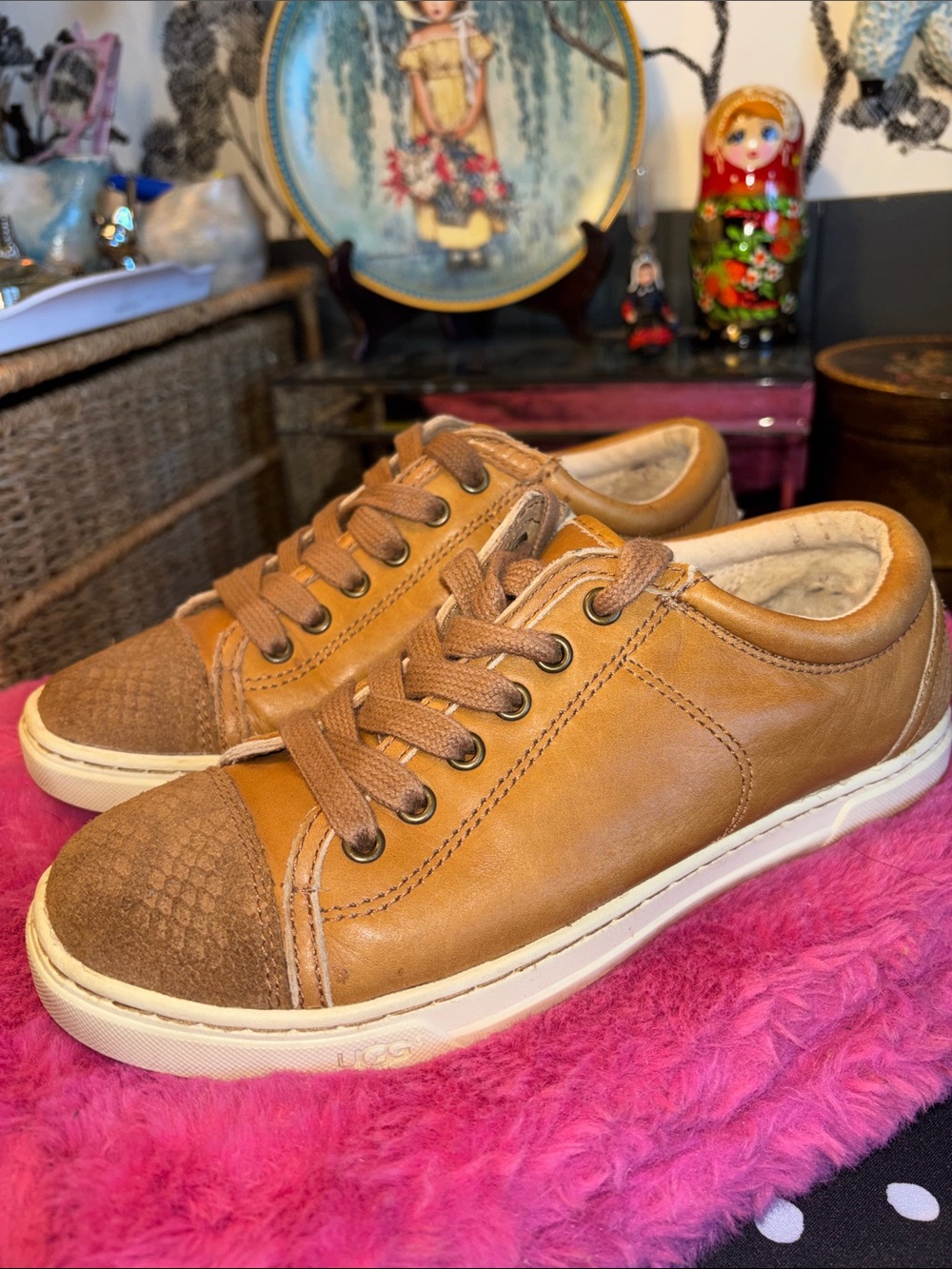 EUC UGG Taya sneakers in a chestnut brown color featuring a distinctive croco-